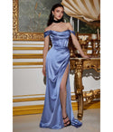 Cowl Neck Floor Length Off the Shoulder Corset Waistline Draped Slit Satin Bridesmaid Dress