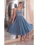 Sophisticated A-line V-neck Sleeveless Chiffon Fitted Beaded Sheer Plunging Neck Tea Length Dress