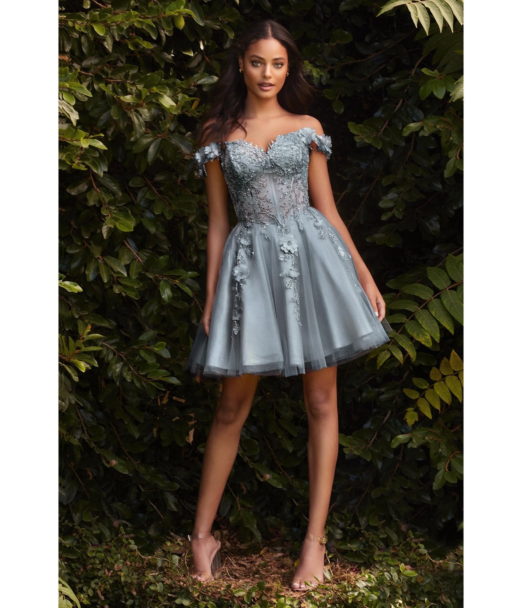 

Cinderella Divine Smoky Blue Beaded & Floral Applique Off The Shoulder Cocktail Dress