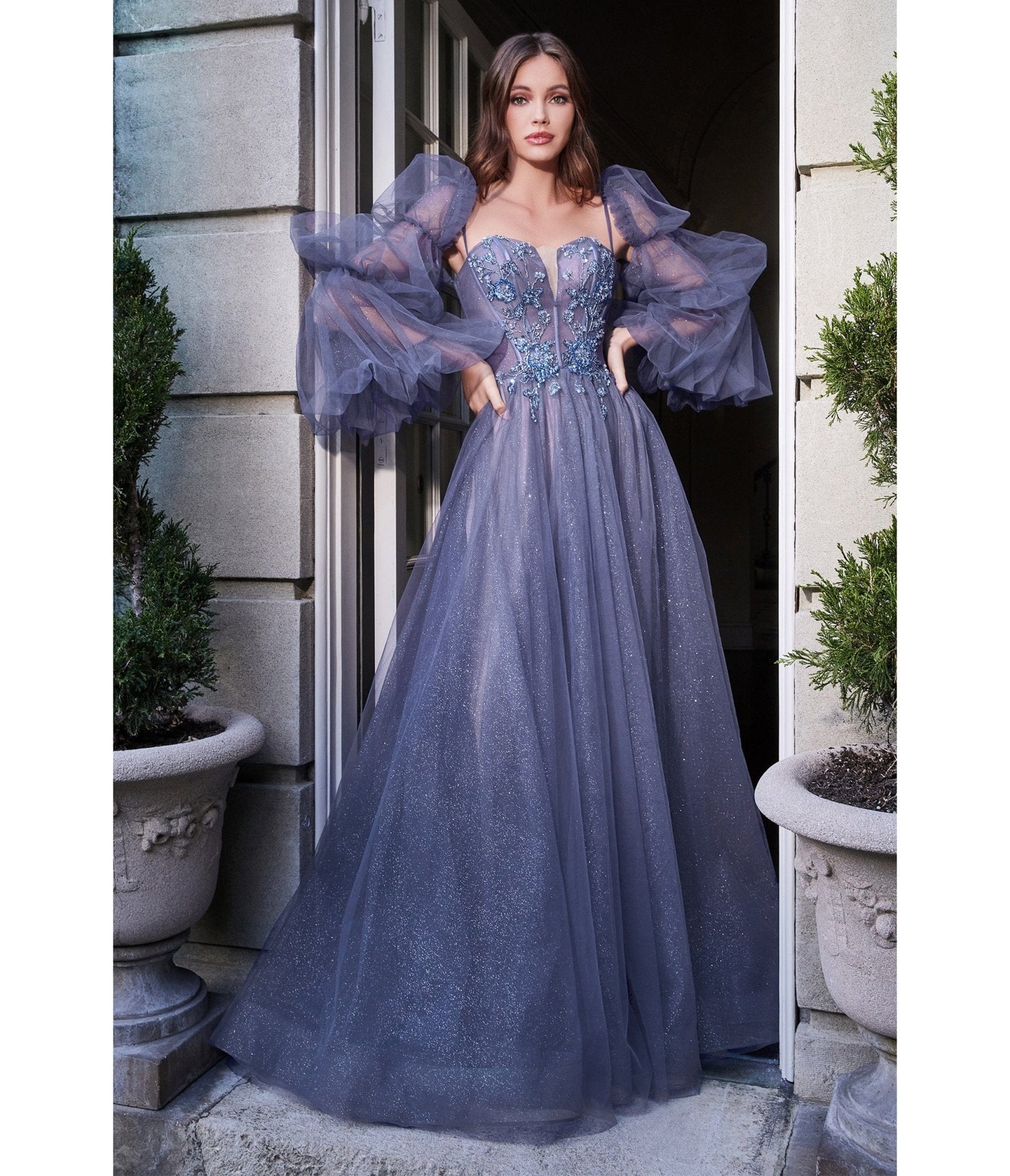 

Cinderella Divine Smoky Blue Embroidered Corset Magical Puff Sleeve Ball Gown