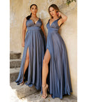 A-line V-neck Empire Waistline Satin Shirred Slit Bridesmaid Dress