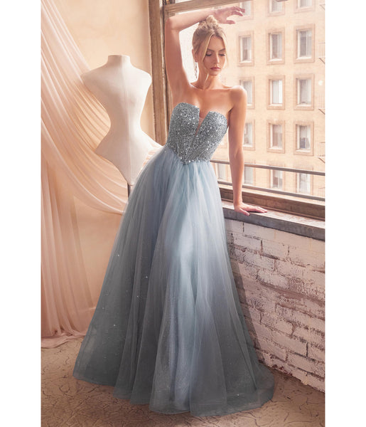 A-line V-neck Strapless Corset Waistline Plunging Neck Tulle Glittering Sequined Lace-Up Ball Gown Prom Dress