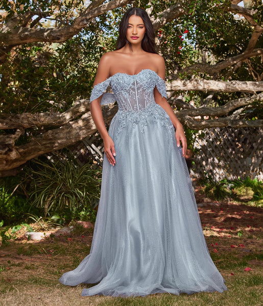 A-line Off the Shoulder Sheer Back Glittering Beaded Corset Waistline Floor Length Prom Dress with a Brush/Sweep Train