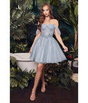 Sophisticated A-line Basque Corset Waistline Flutter Sleeves Off the Shoulder Tulle Open-Back Sheer Glittering Draped Short Dress