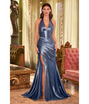 V-neck Satin Sleeveless Mermaid Halter Plunging Neck Slit Pleated Backless Corset Waistline Evening Dress with a Brush/Sweep Train