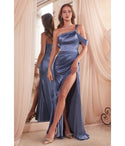 Draped Ruched Asymmetric Slit Satin Cap Sleeves Off the Shoulder One Shoulder Sheath Sheath Dress/Evening Dress with a Brush/Sweep Train