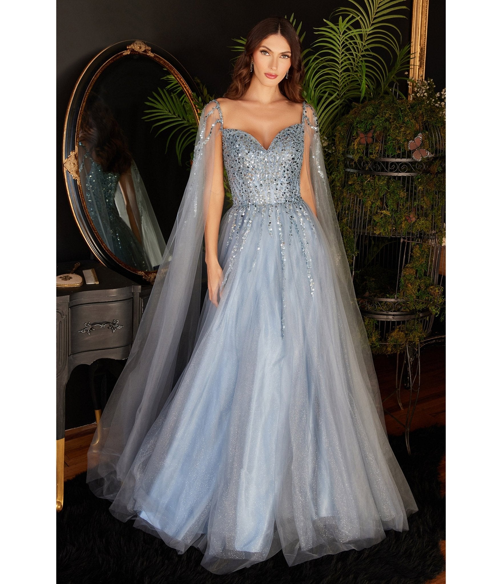 

Cinderella Divine Smoky Blue Sequin Embellished Cape Sleeve Prom Dress