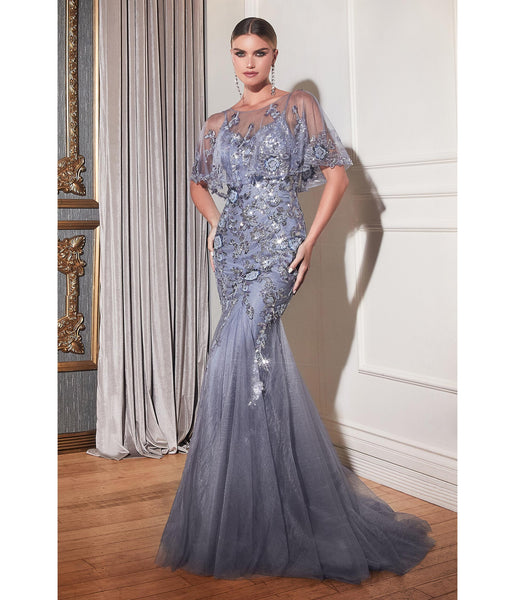 V-neck Tulle Mermaid Flared-Skirt Floral Print Crystal Evening Dress/Bridesmaid Dress/Mother-of-the-Bride Dress With Rhinestones