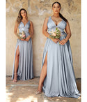 A-line V-neck Satin Shirred Slit Empire Waistline Bridesmaid Dress