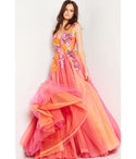 A-line Floral Print Tulle Embroidered Applique Sheer Sleeveless Evening Dress by Jovani