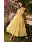 A-line Applique Sheer Corset Waistline Floral Print Tea Length Bridesmaid Dress