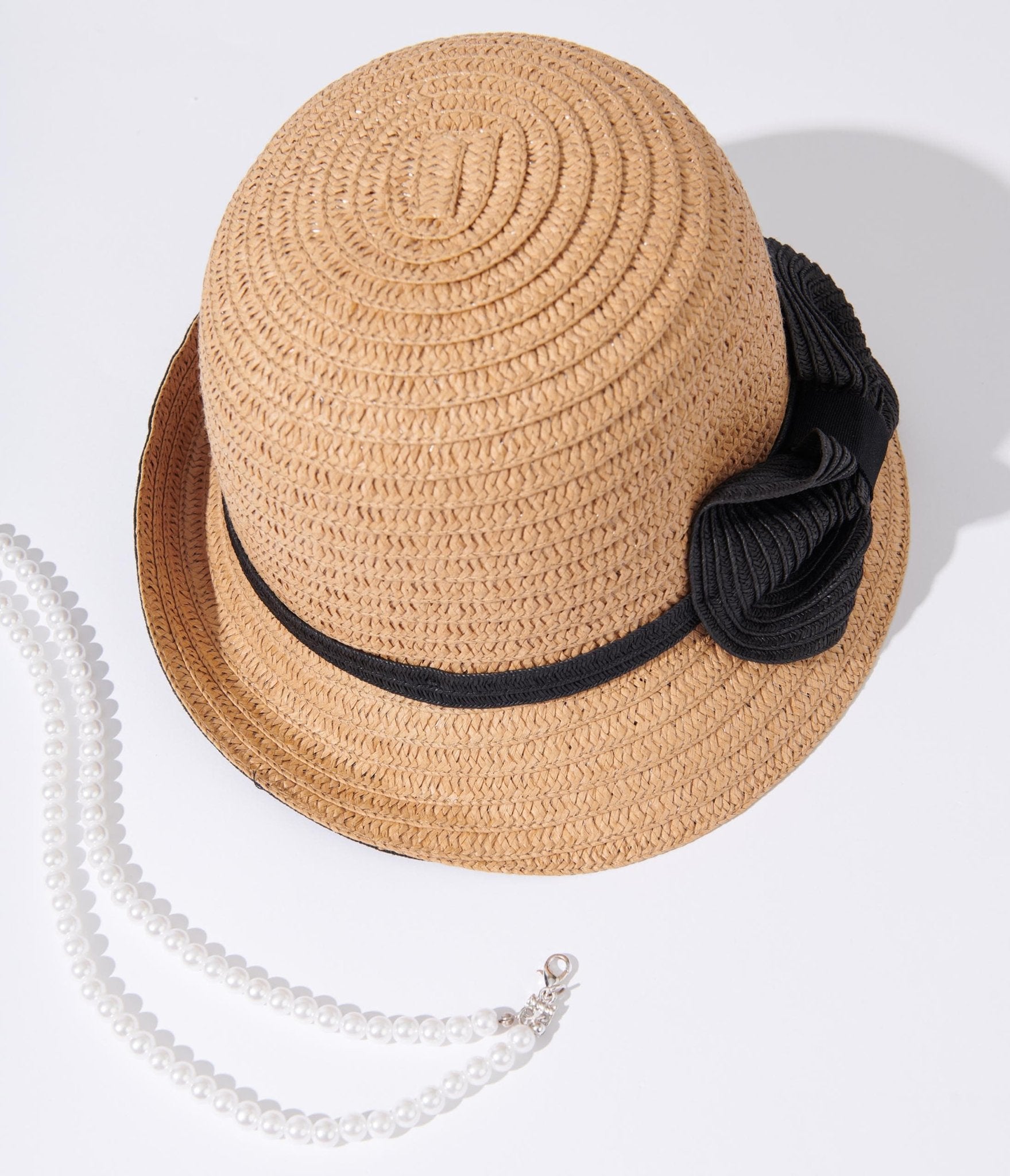 

1920S Tan & Black Ribbon Woven Cloche Hat