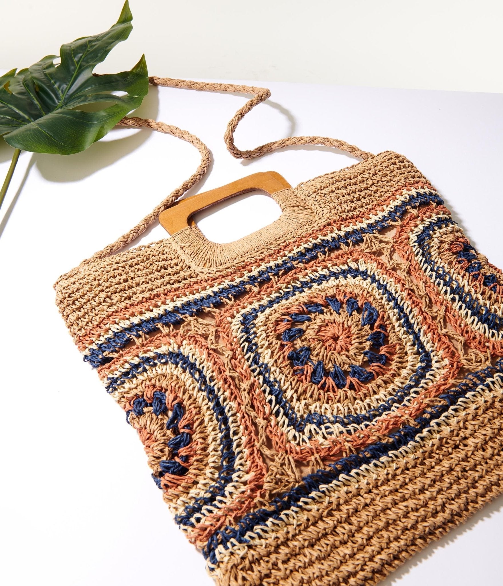 

Tan & Navy Woven Square Handbag