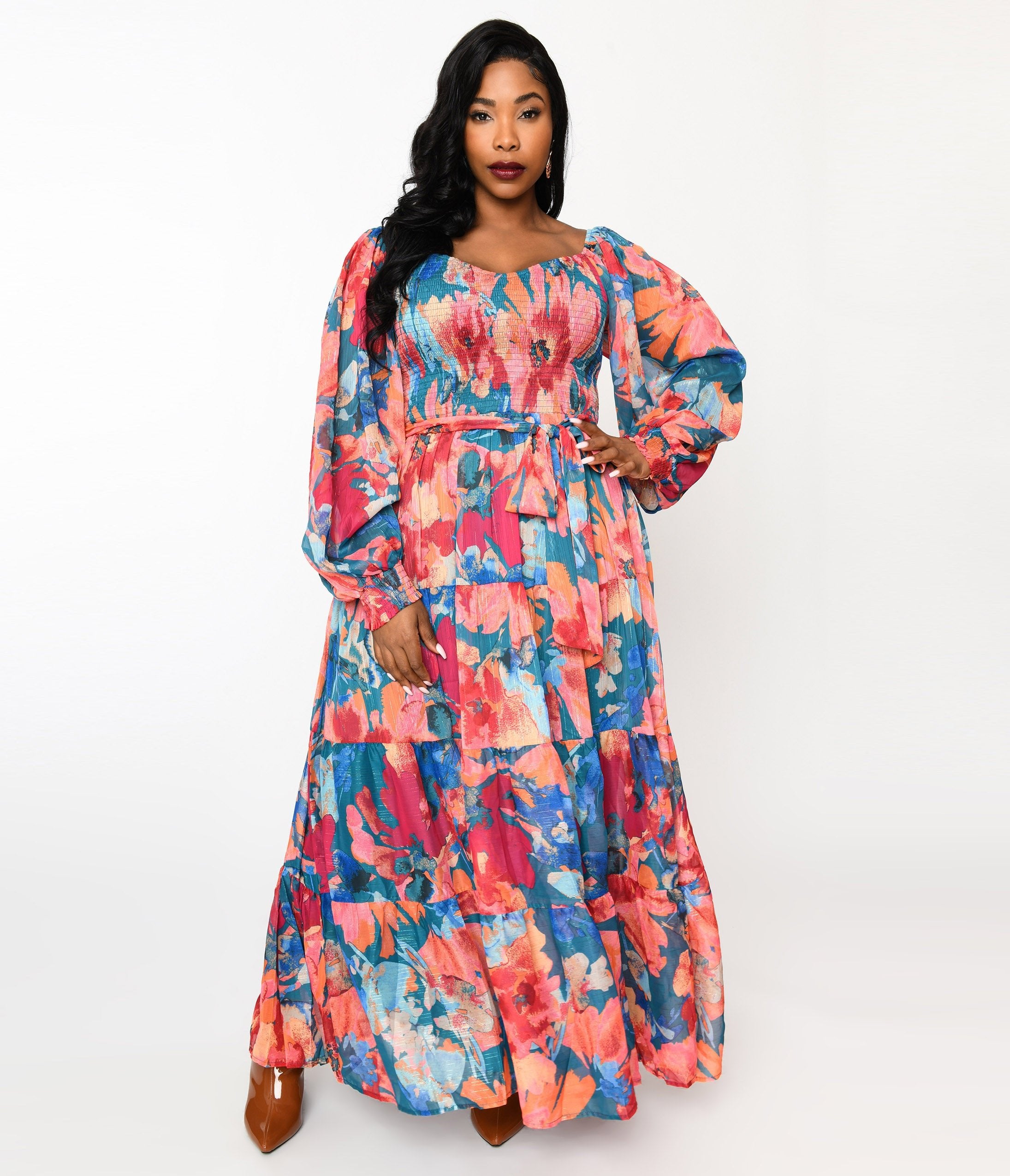 

1970S Teal & Coral Floral Maxi Dress