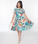 Floral Print Swing-Skirt Bateau Neck Stretchy Short Sleeves Sleeves Dress