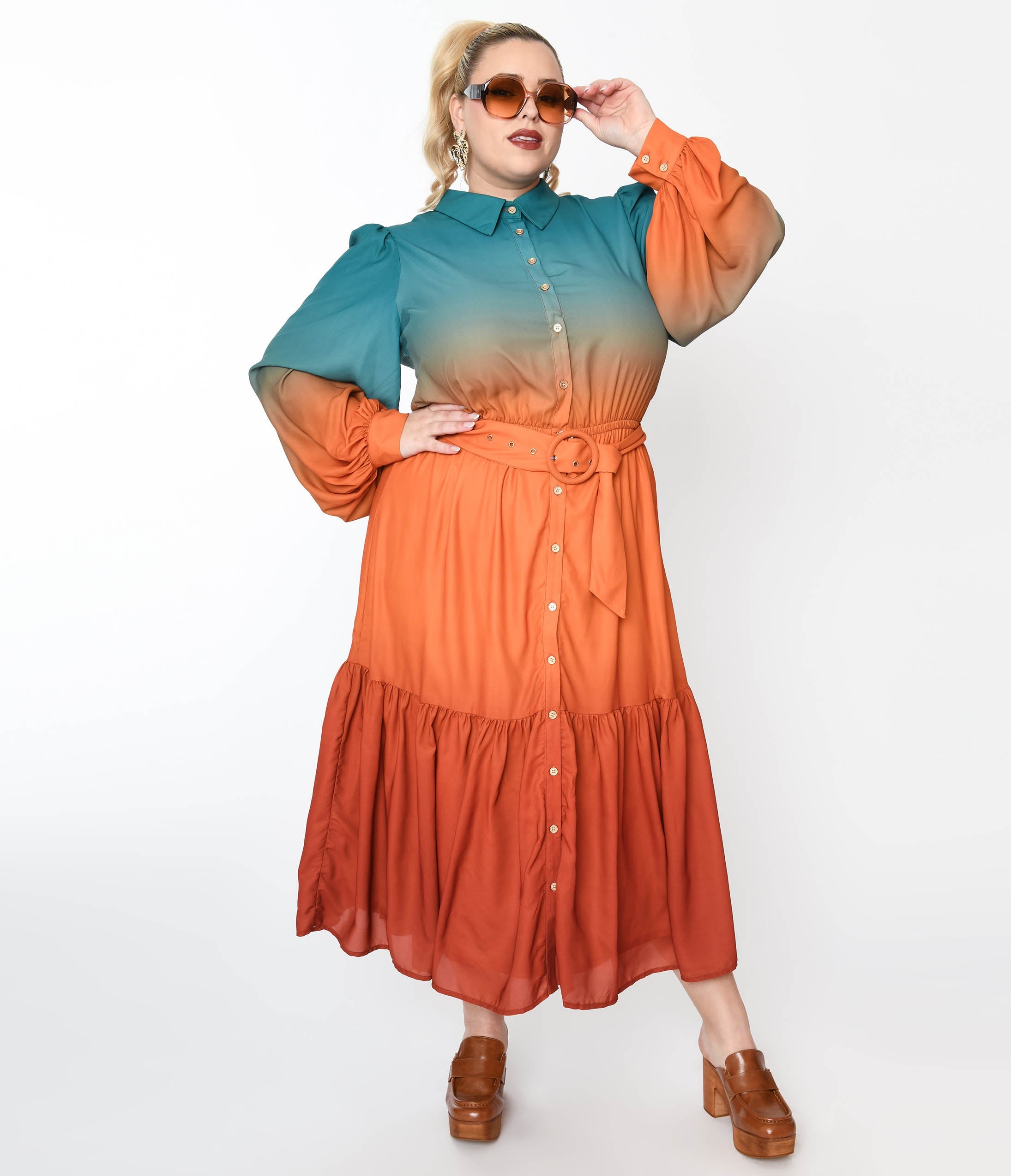 

1970S Teal & Rust Gradient Maxi Shirt Dress