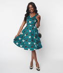 V-neck Striped Print Fitted Pocketed Back Zipper Swing-Skirt Dress