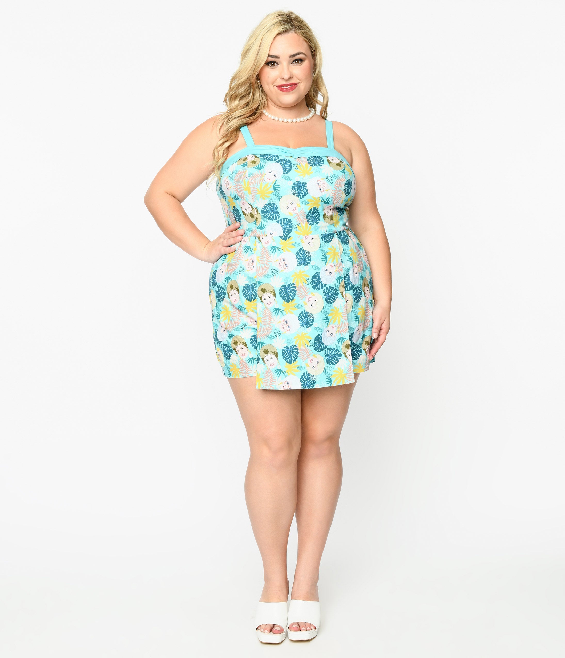 

The Golden Girls X Unique Vintage Plus Size Aqua Character Print Skirted Dolly Romper