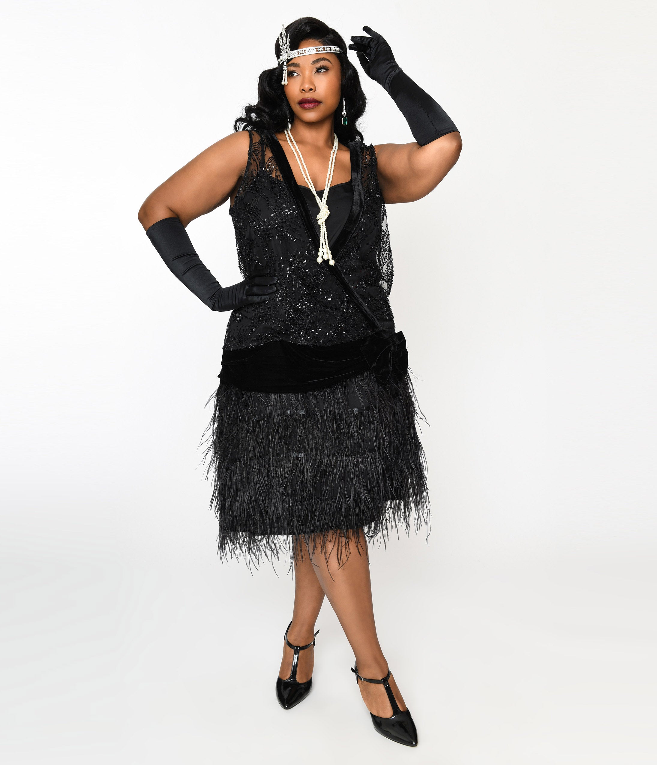 

The Great Gatsby X Unique Vintage Plus Size Black Sequin & Feather Surplice Flapper Dress