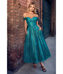 A-line Sweetheart Tulle Off the Shoulder Draped Glittering Pocketed Open-Back Ruched Tea Length Dress