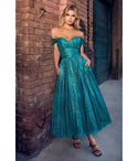 A-line Pocketed Glittering Ruched Open-Back Draped Tea Length Off the Shoulder Sweetheart Tulle Dress
