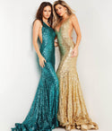 V-neck Floor Length Plunging Neck Mermaid Fitted Illusion Open-Back Sequined Evening Dress with a Court Train