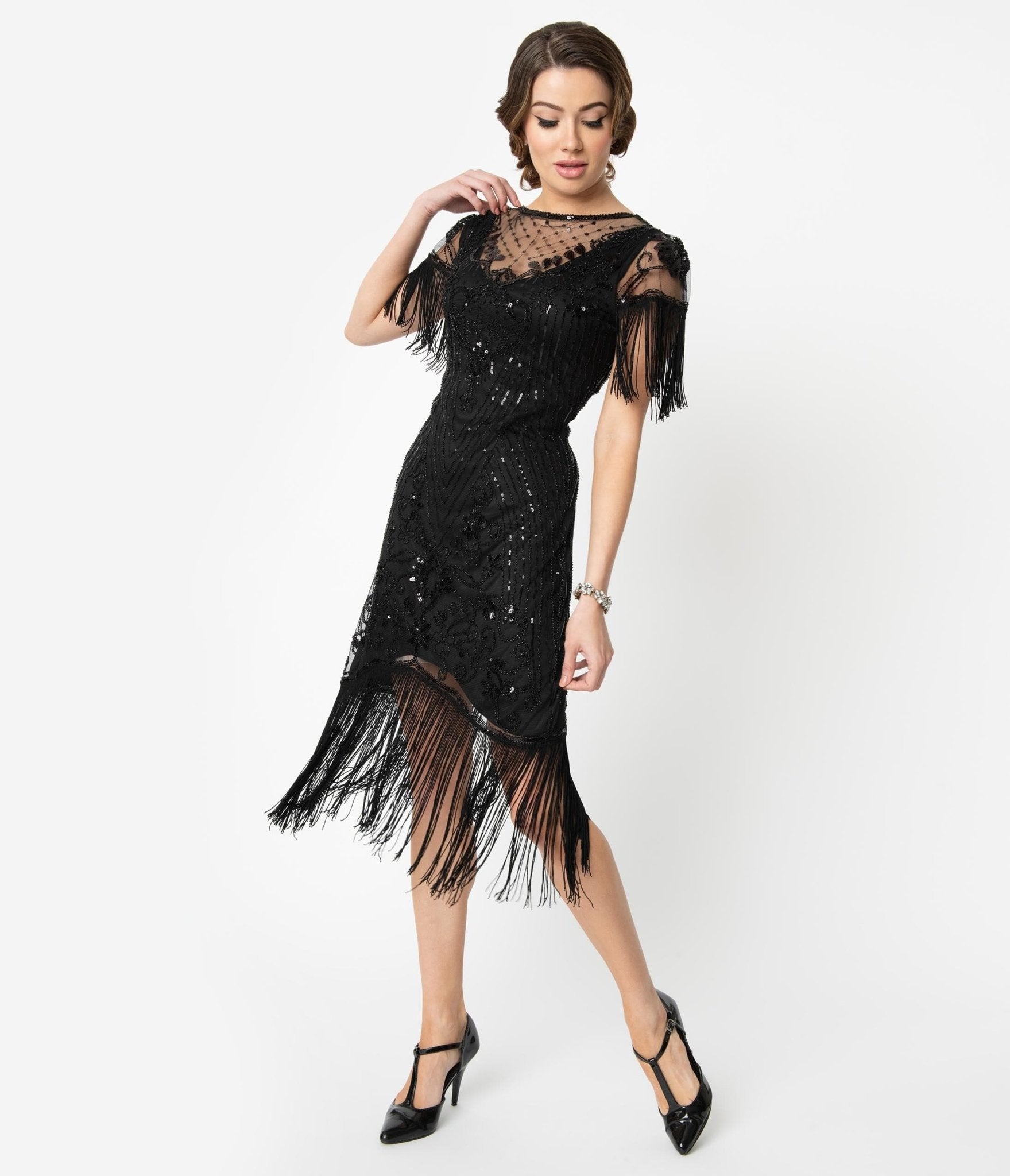 

Unique Vintage 1920S Black Beaded Fringe Sleeve Nadine Flapper Dress