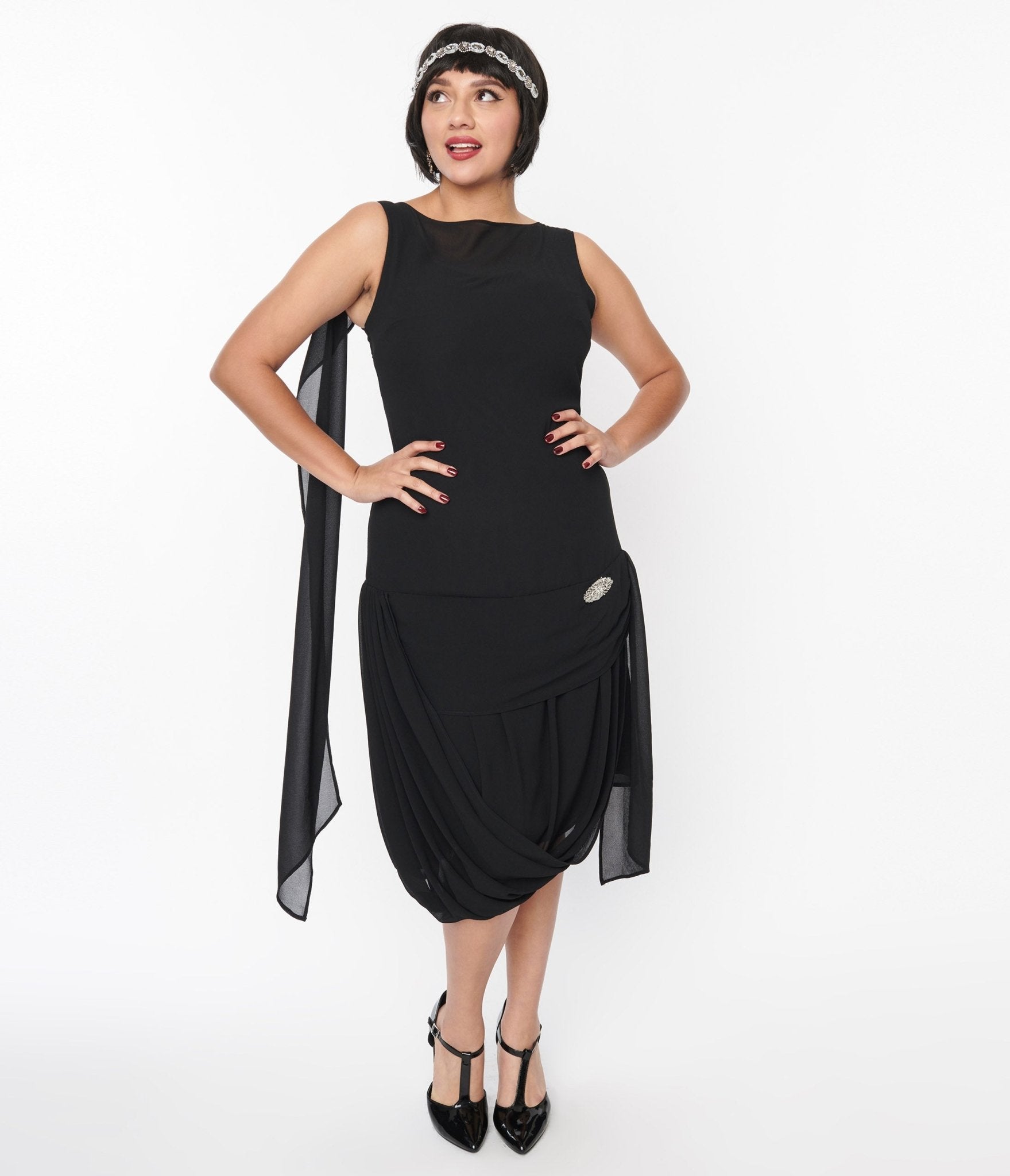 Great Gatsby Costumes –  Gatsby Costumes & Dresses Unique Vintage 1920S Black Draped Flapper Dress $88.00 AT vintagedancer.com