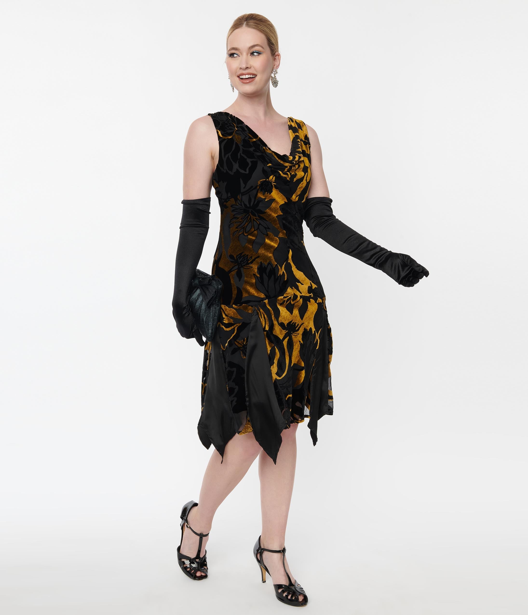 

Unique Vintage 1920S Black & Gold Velvet Floral Burnout Hemingway Flapper Dress