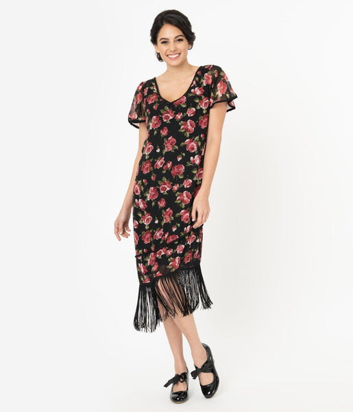 V-neck Floral Print Fitted Back Zipper Flutter Sleeves Dress