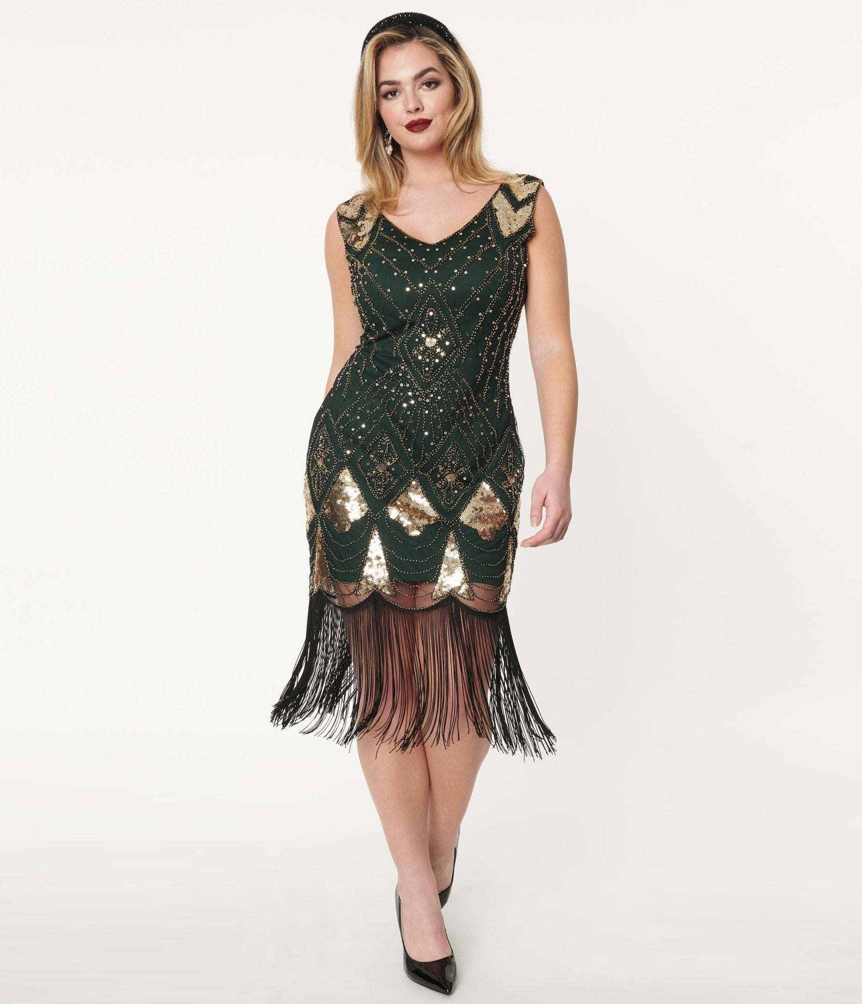 

Unique Vintage 1920S Emerald & Gold Sequin Lina Flapper Dress