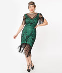 V-neck Knit Sequined Illusion Mesh Beaded Fitted Dress by Unique Vintage