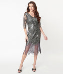 V-neck Sheer Elbow Length Sleeves Knit Fitted Side Zipper Mesh Beaded Sequined Dress With a Sash