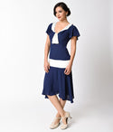 V-neck Flutter Short Sleeves Sleeves Dropped Empire Waistline Vintage Draped Banding Back Zipper Pleated Dress