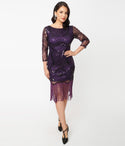 Modest High-Neck Swing-Skirt General Print 3/4 Sleeves Beaded Sequined Vintage Mesh Dress