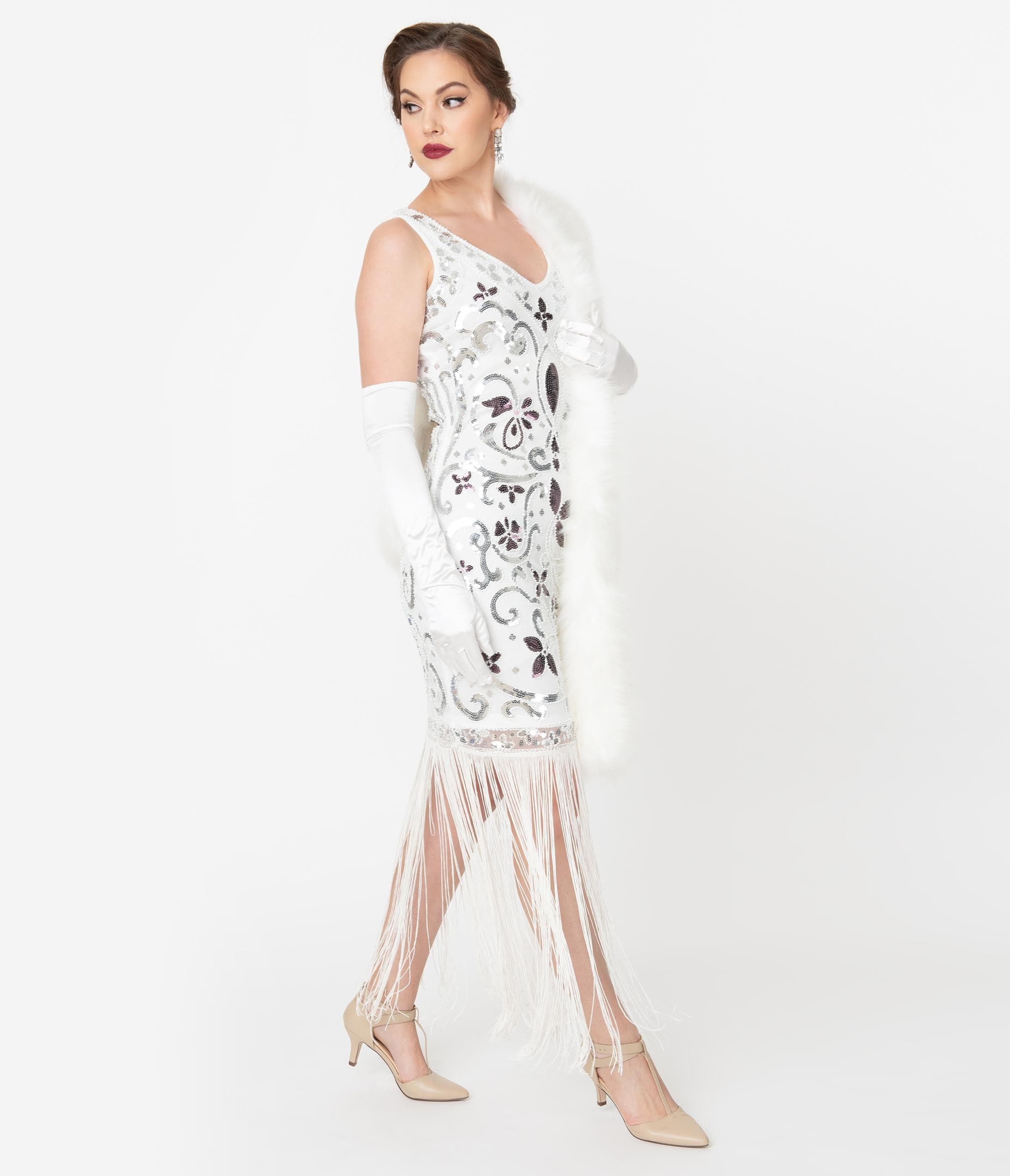 

Unique Vintage 1920S White & Silver Sequin St. Michel Fringe Flapper Dress