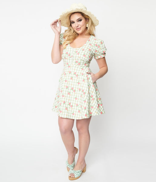 Cotton Swing-Skirt Checkered Gingham Print Dress