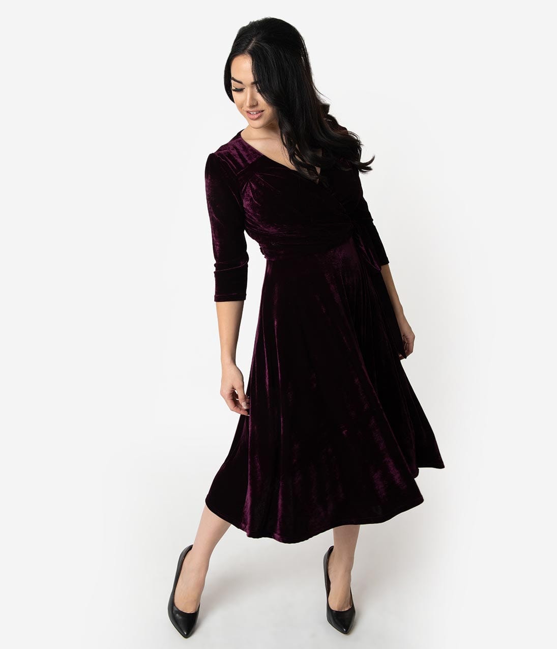 

Unique Vintage 1940S Style Eggplant Purple Velvet Kelsie Wrap Dress