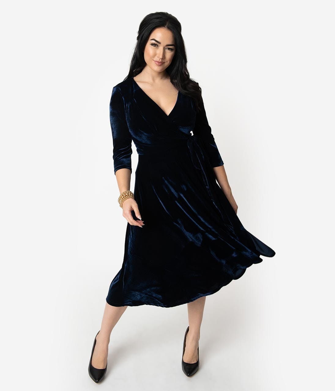 

Unique Vintage 1940S Style Navy Blue Velvet Kelsie Wrap Dress