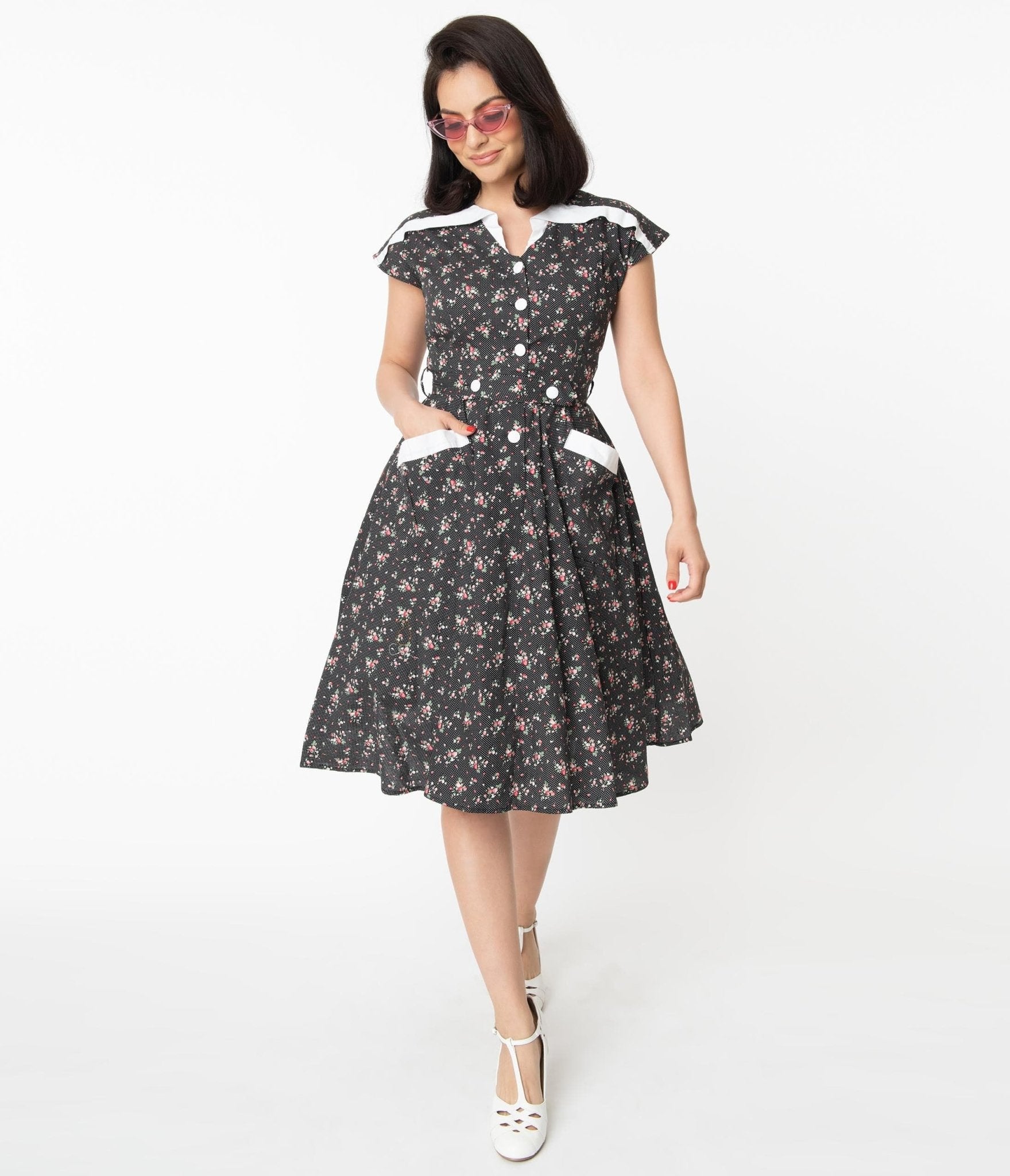 

Unique Vintage 1950S Black Dots & Pink Floral Hedda Swing Dress