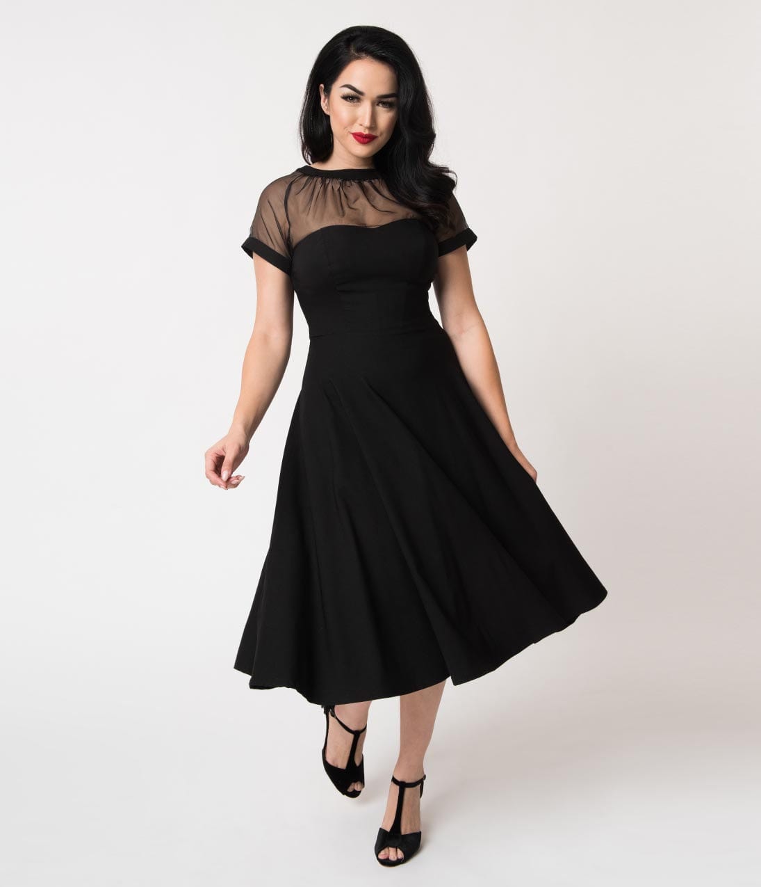 

Unique Vintage 1950S Black Stretch Sheer Bodice Shirelle Swing Dress