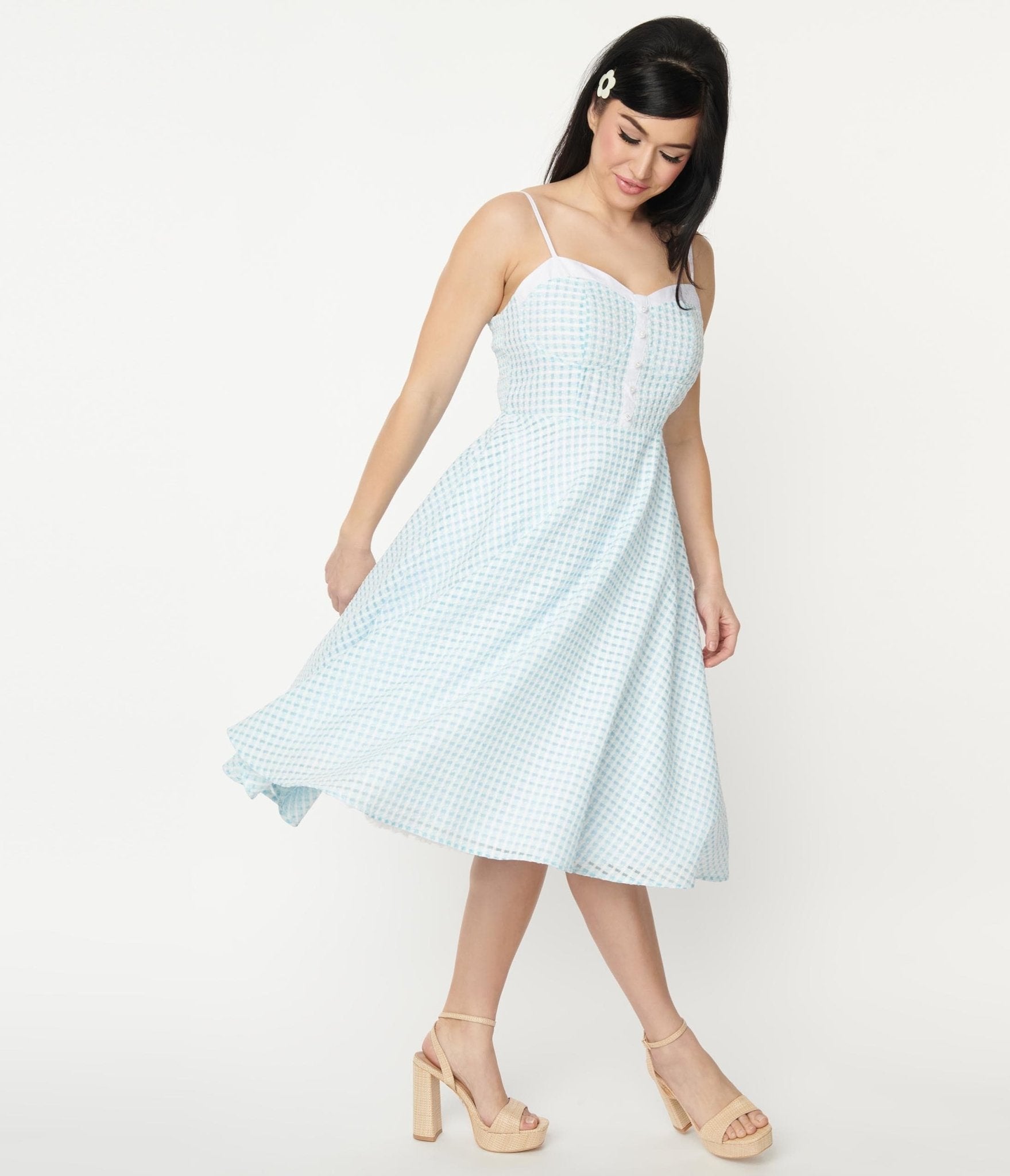 

Unique Vintage 1950S Blue Textured Gingham Swing Dress