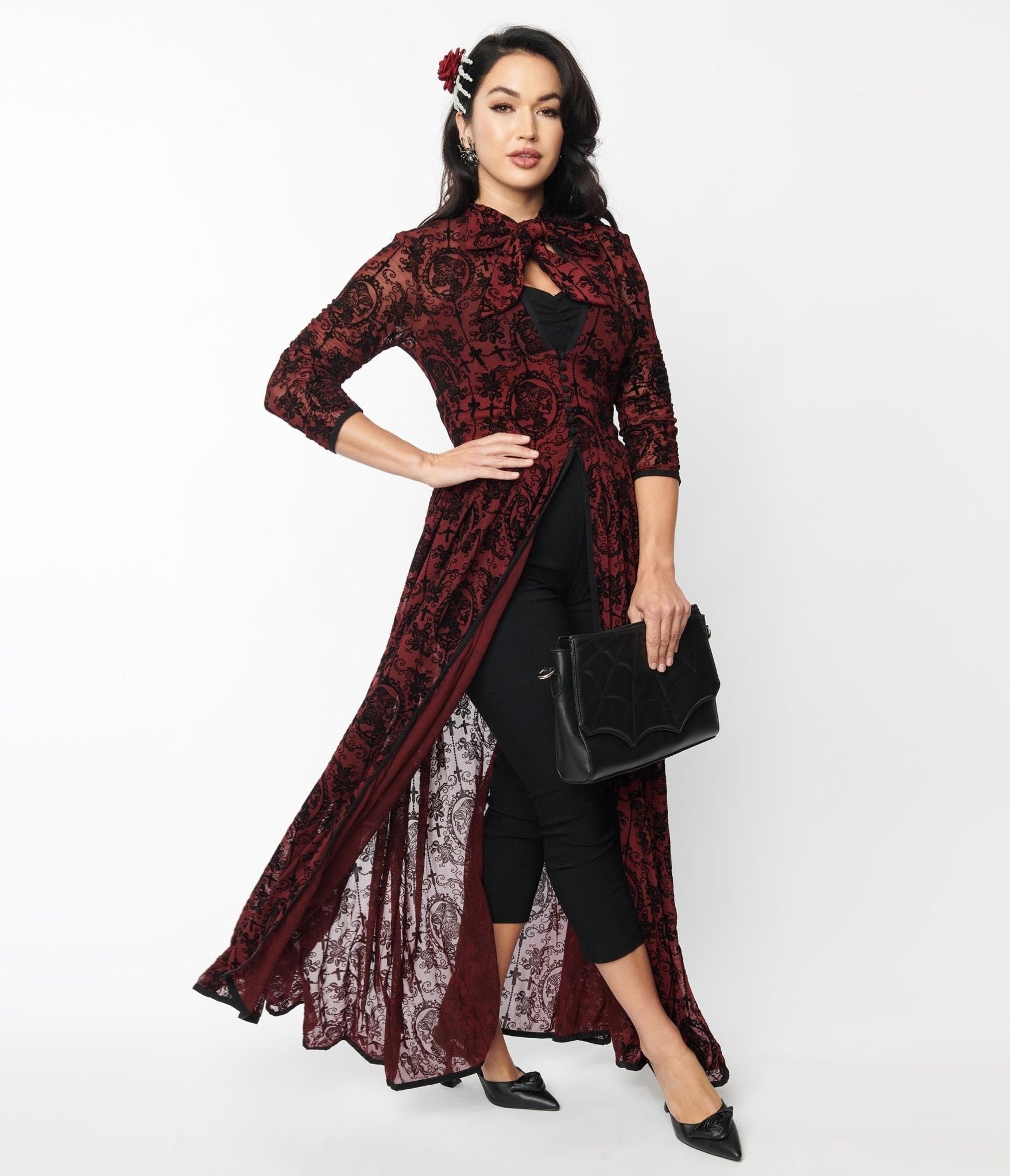 Image of Unique Vintage 1950s Burgundy & Black La Catrina Velvet Burnout Tallullah Duster