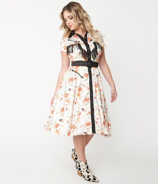Swing-Skirt Satin Floral Print Snap Closure Applique Belted Pocketed Fitted Western