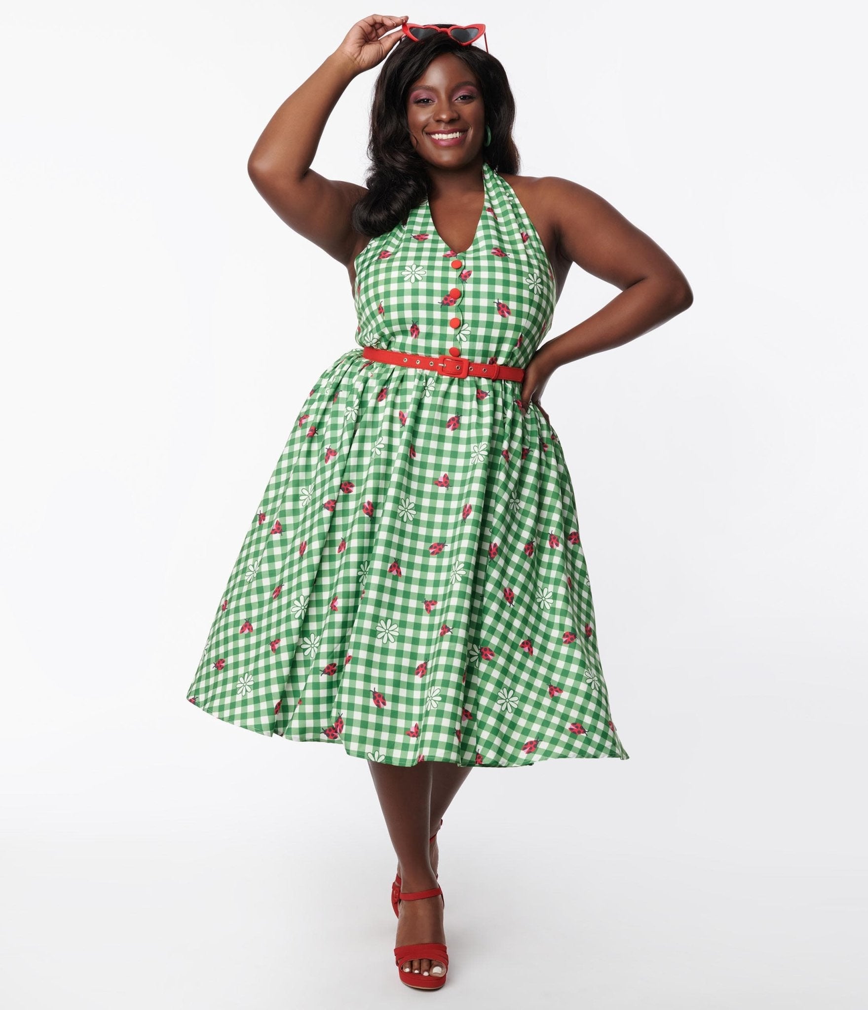 

Unique Vintage 1950S Green Gingham Ladybug Halter Swing Dress