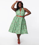 Sleeveless Swing-Skirt Self Tie Belted Checkered Floral Gingham Print Halter Dress