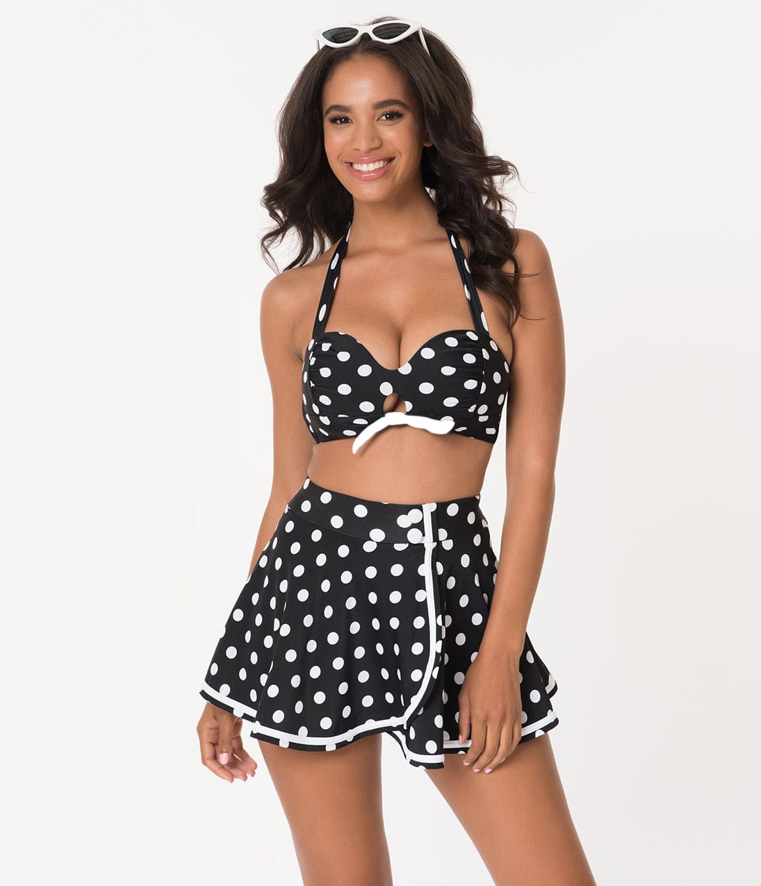 

Unique Vintage 1950S Style Mrs. West Black & White Dot Halter Swim Top