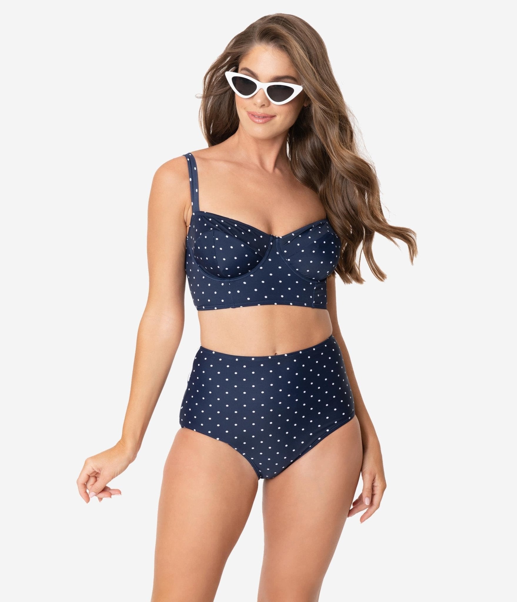 

Unique Vintage 1950S Style Navy & White Pin Dot Marlene Crop Swim Top