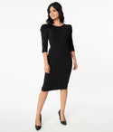 Modest Fitted Gathered Back Zipper Pencil-Skirt 3/4 Sleeves Scoop Neck Dress