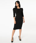 Modest Fitted Back Zipper Gathered Scoop Neck Pencil-Skirt 3/4 Sleeves Dress